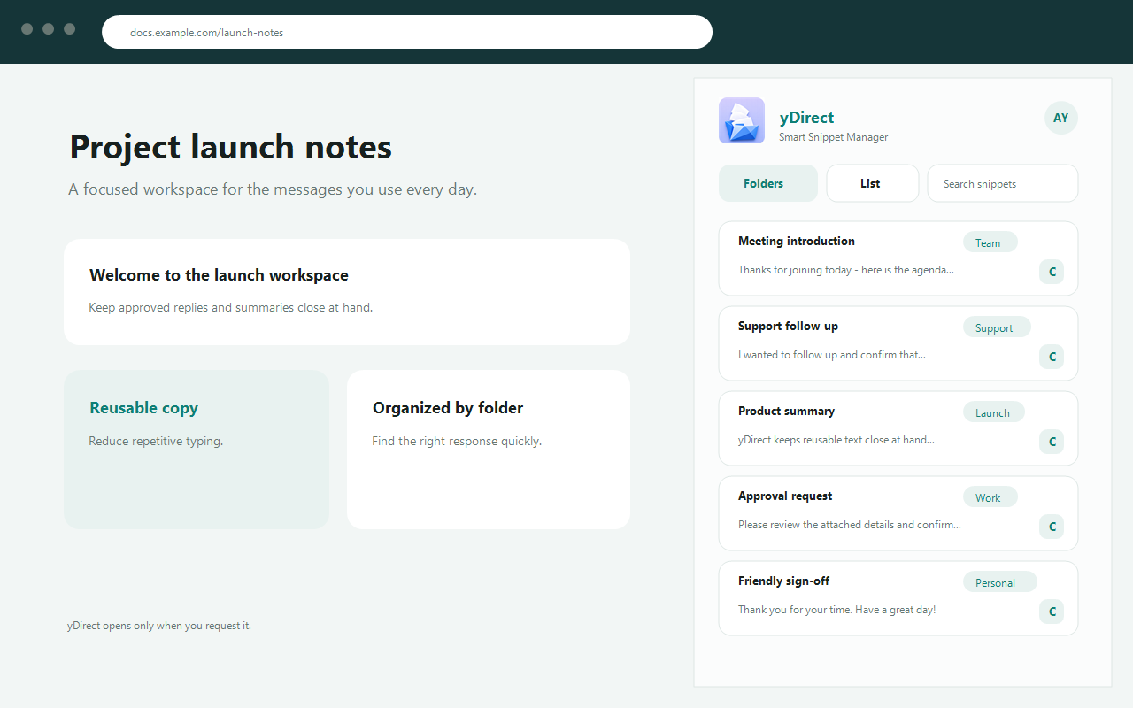 A Chrome window with the yDirect panel docked to the right, showing folders of sample snippets each with a copy button.